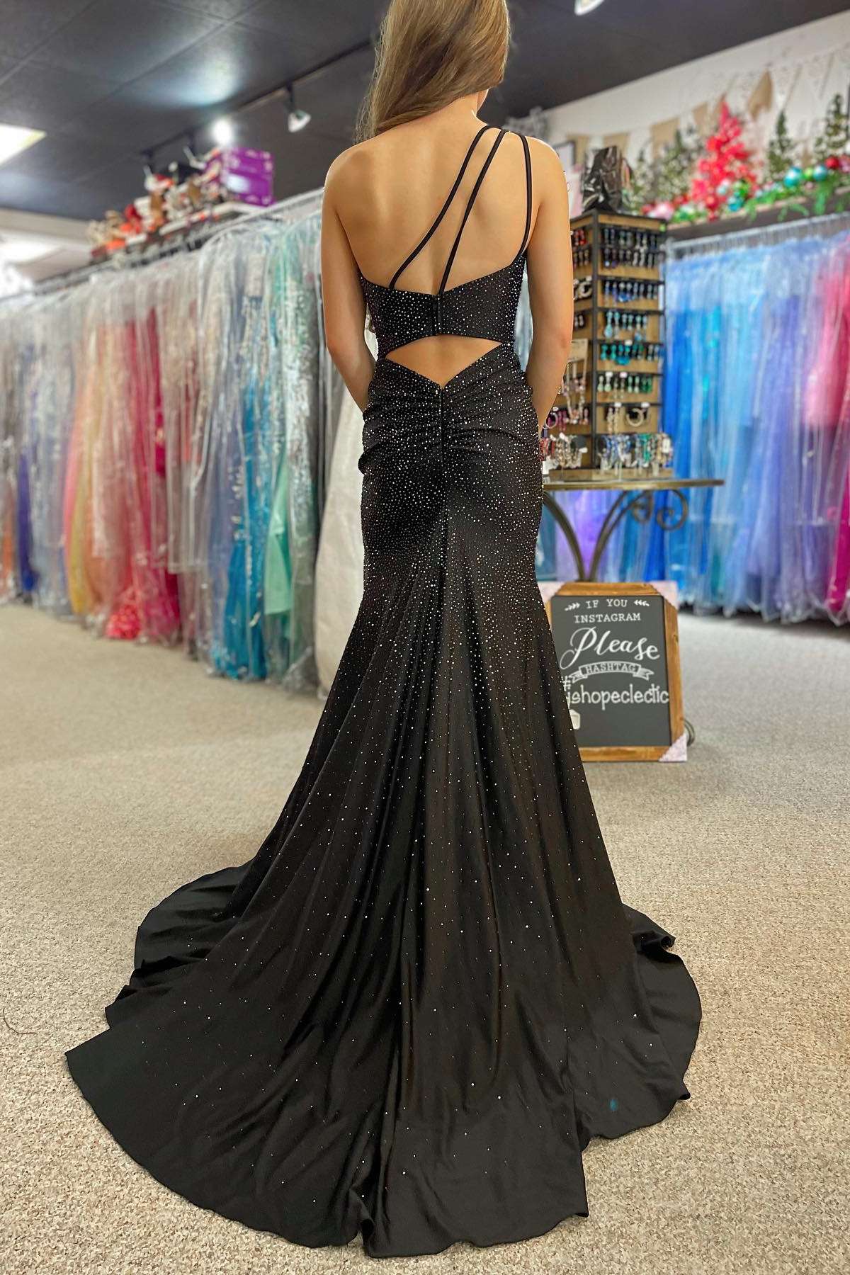 Sheath Mermaid Black One Shoulder Sweep/Brush Train Evening Dresses Beaded Prom Dress with Slit