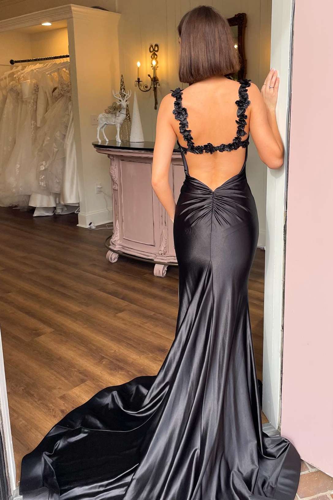 Sheath Mermaid Sweep/Brush Train Dresses Black Straps Floral  Long Prom Dress With Slit