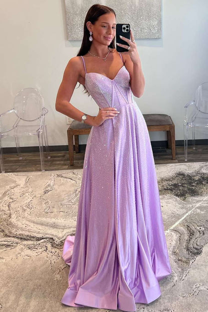 A-Line Spaghetti Straps Sweep/Brush Train Dresses V Neck Lilac Corset Prom Dress with Rhinestones
