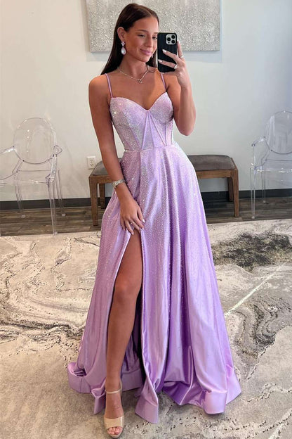 A-Line Spaghetti Straps Sweep/Brush Train Dresses V Neck Lilac Corset Prom Dress with Rhinestones