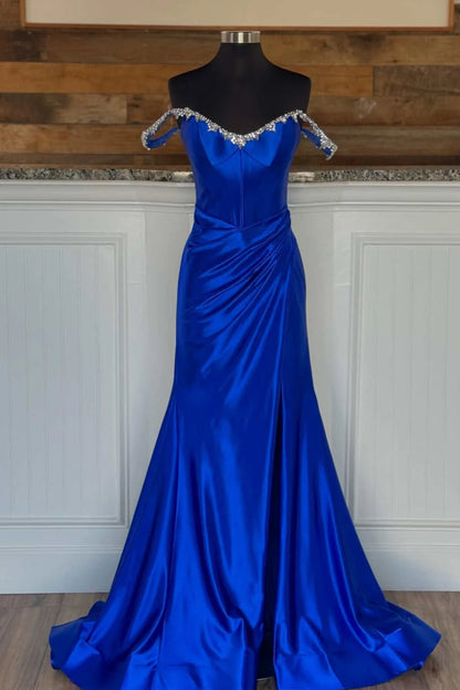 Sheath Mermaid Off the Shoulder  Sweep/Brush Train Evening Dresses Beaded Royal Blue Prom Dress with Slit