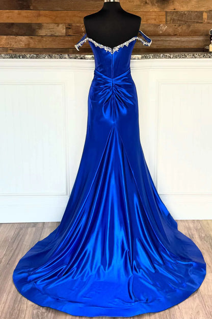 Sheath Mermaid Off the Shoulder  Sweep/Brush Train Evening Dresses Beaded Royal Blue Prom Dress with Slit