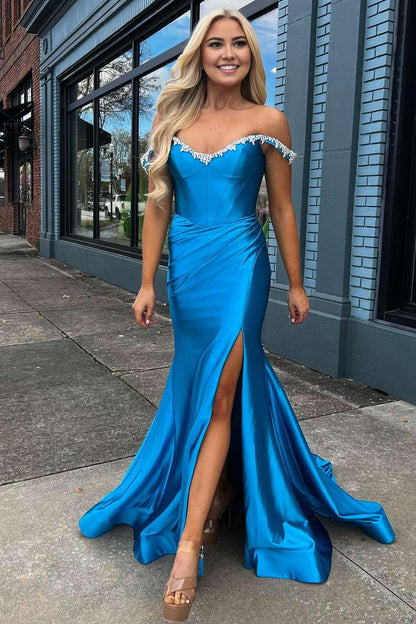Sheath Mermaid Off the Shoulder  Sweep/Brush Train Evening Dresses Beaded Royal Blue Prom Dress with Slit