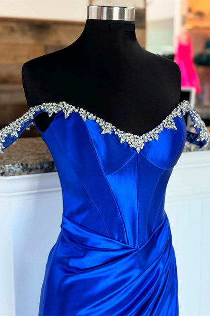 Sheath Mermaid Off the Shoulder  Sweep/Brush Train Evening Dresses Beaded Royal Blue Prom Dress with Slit