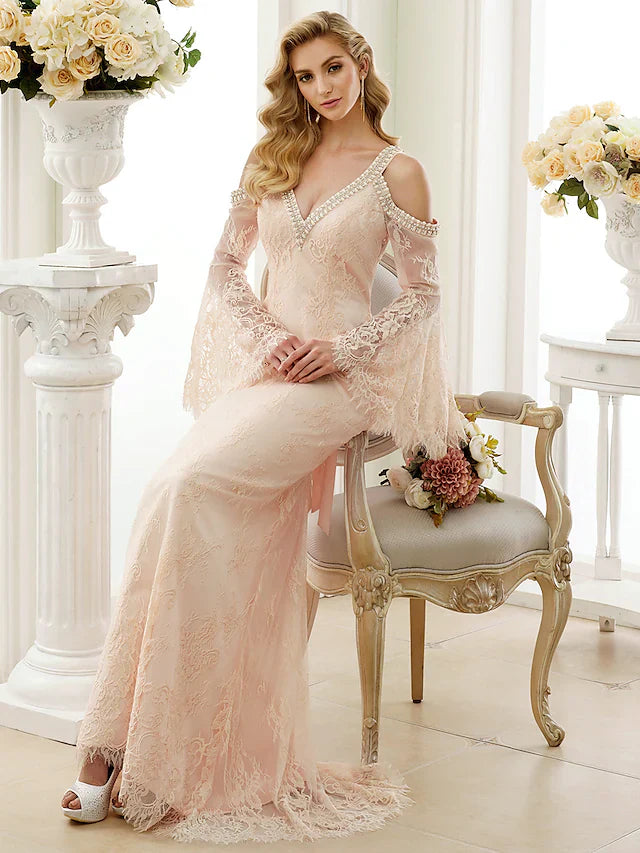 Princess A-Line Wedding Dresses Jewel Neck Court Train Lace Tulle Short Sleeve Romantic with Bow(s) Beading Appliques