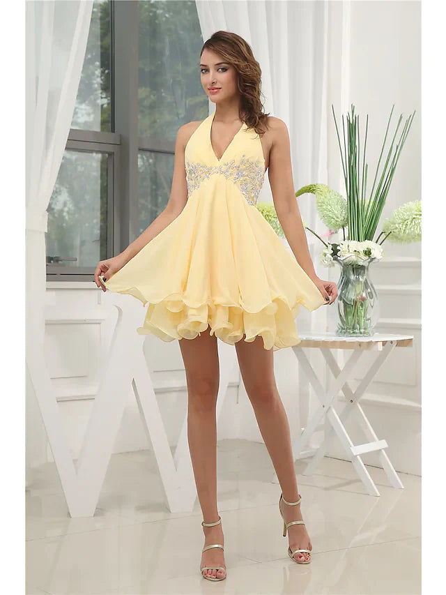 A-Line Elegant Party Wear Wedding Guest Cocktail Party Dress Halter Neck Sleeveless Short Mini Chiffon with Beading Tier