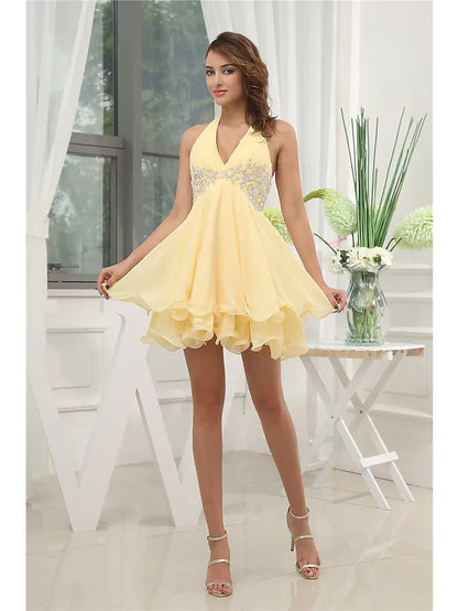 A-Line Elegant Party Wear Wedding Guest Cocktail Party Dress Halter Neck Sleeveless Short Mini Chiffon with Beading Tier