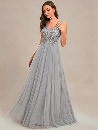 Exquisite Applique Embroidery Bodice Sleeveless A-Line Tulle Evening Dress/Prom Dresses Party Dresses