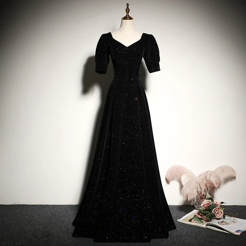 Glamorous A-Line Sweetheart Puff-Sleeve Lace-Up Back Floor-Length Evening Dress