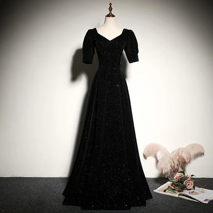 Glamorous A-Line Sweetheart Puff-Sleeve Lace-Up Back Floor-Length Evening Dress