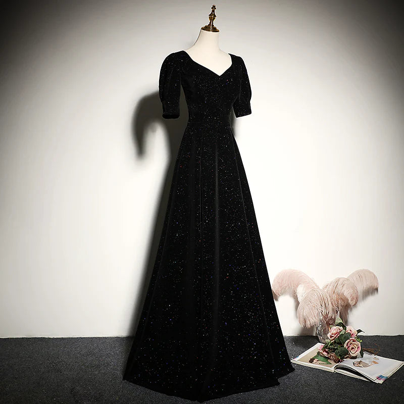 Glamorous A-Line Sweetheart Puff-Sleeve Lace-Up Back Floor-Length Evening Dress