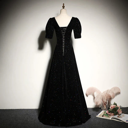 Glamorous A-Line Sweetheart Puff-Sleeve Lace-Up Back Floor-Length Evening Dress