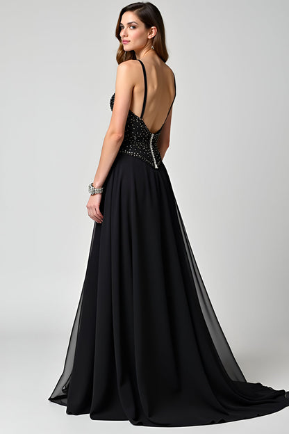Glamorous Black Chiffon Spaghetti Strap Beaded Bodice Open-Back Train Evening Dress