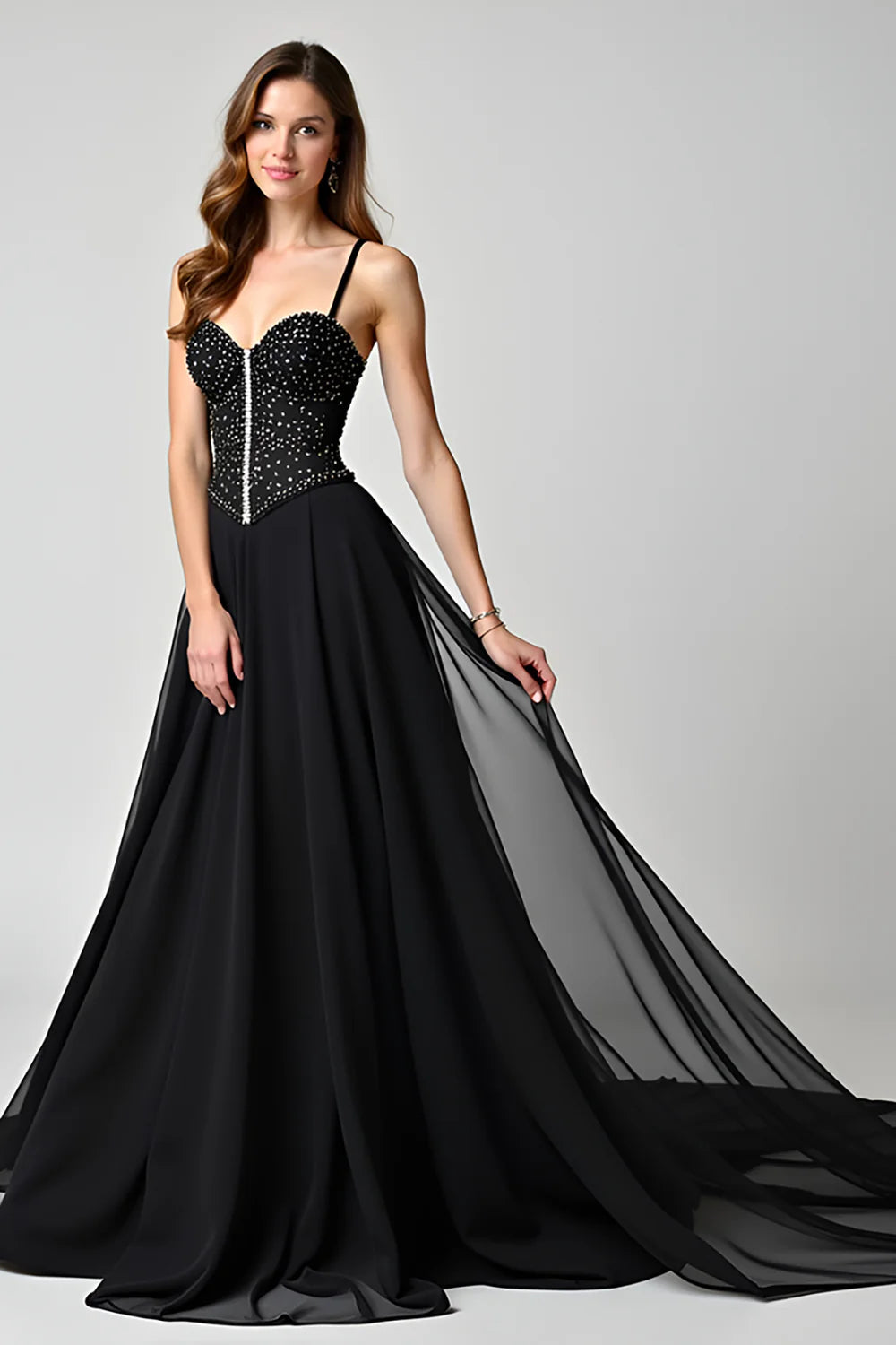 Glamorous Black Chiffon Spaghetti Strap Beaded Bodice Open-Back Train Evening Dress