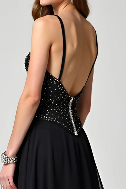 Glamorous Black Chiffon Spaghetti Strap Beaded Bodice Open-Back Train Evening Dress