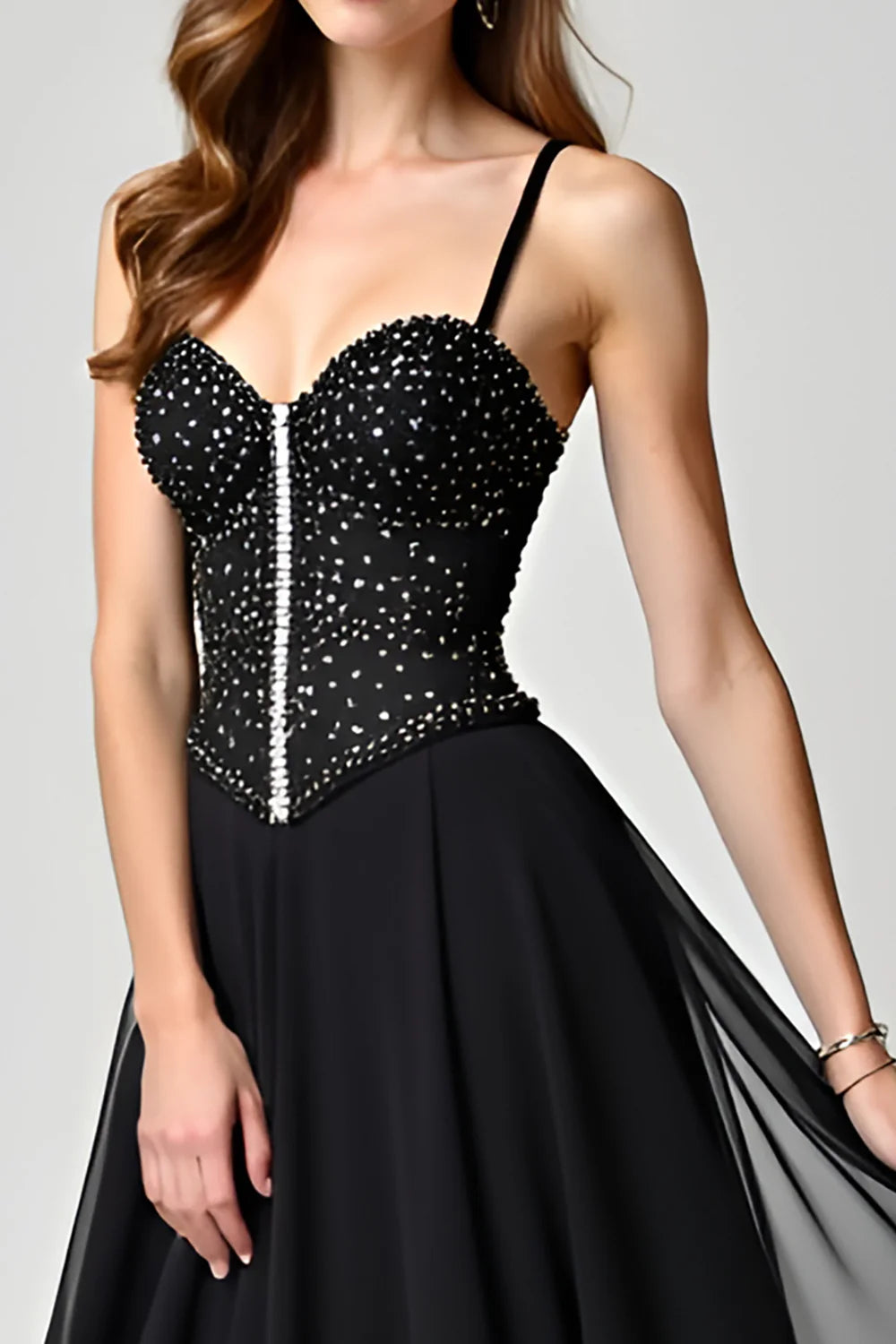 Glamorous Black Chiffon Spaghetti Strap Beaded Bodice Open-Back Train Evening Dress