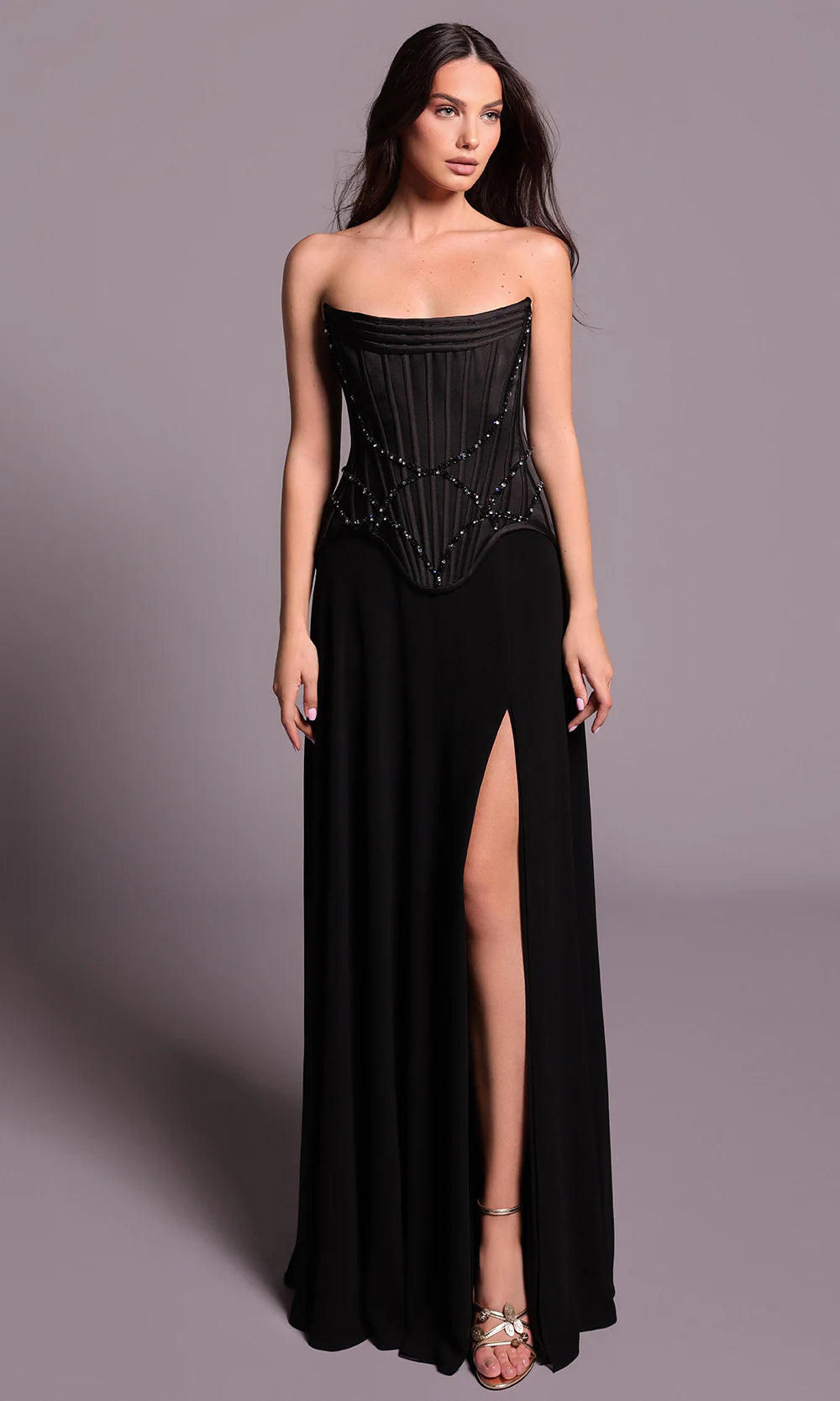 Glamorous Black Corset Bodice Beaded Detail A-Line High Slit Evening Dress