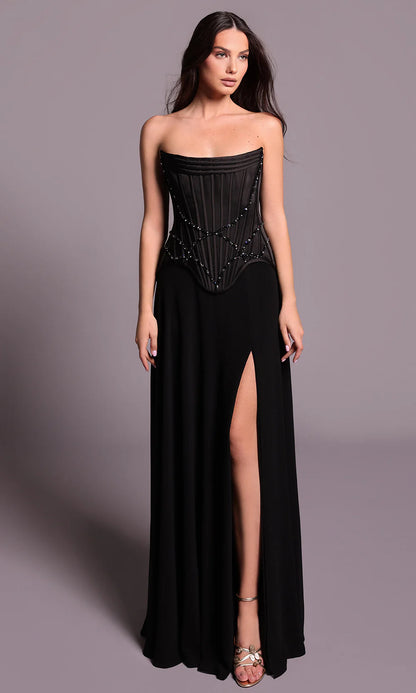 Glamorous Black Corset Bodice Beaded Detail A-Line High Slit Evening Dress