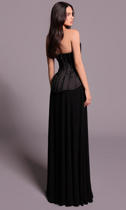 Glamorous Black Corset Bodice Beaded Detail A-Line High Slit Evening Dress