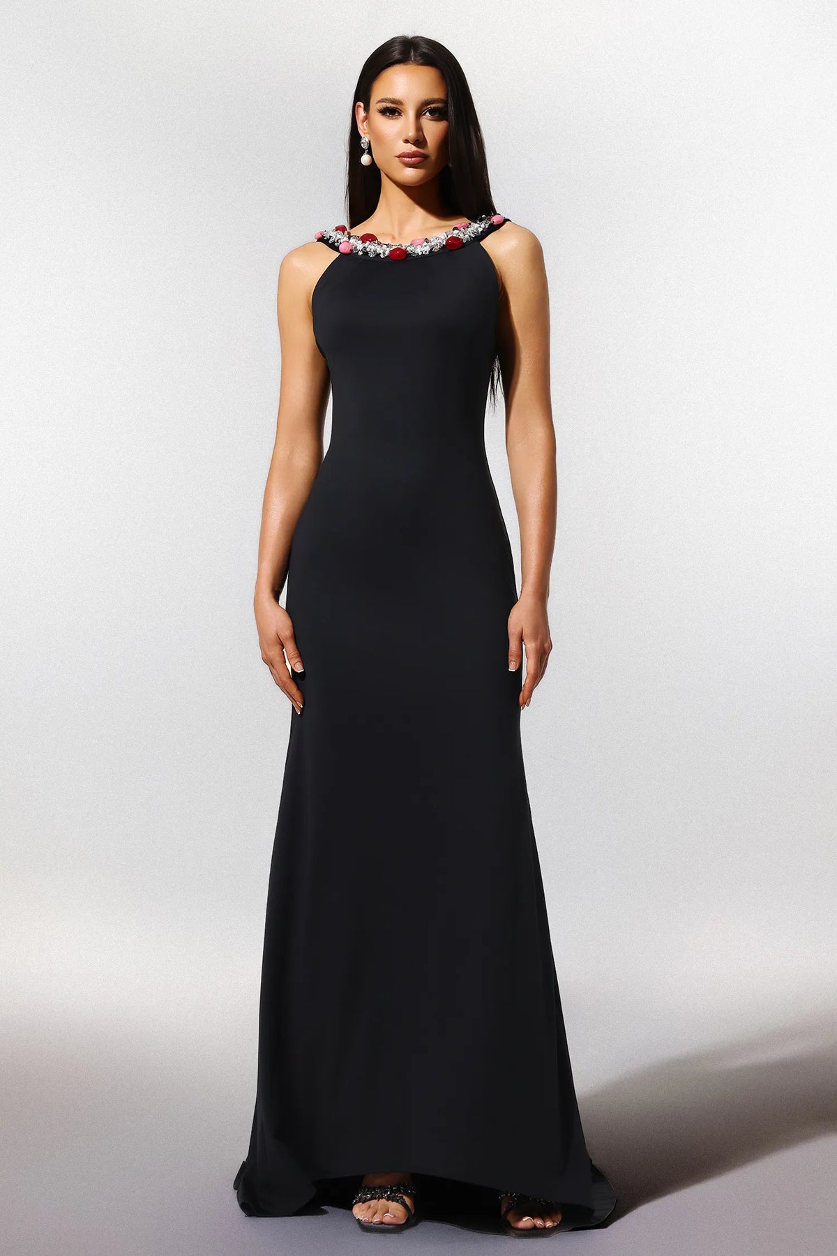 Glamorous Black Halter with Crystal and Floral Embellished Neckline, Open Back and Train Mermaid Evening Dress