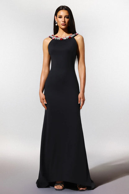 Glamorous Black Halter with Crystal and Floral Embellished Neckline, Open Back and Train Mermaid Evening Dress