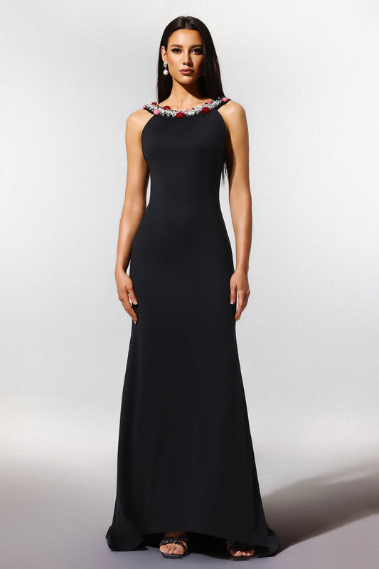 Glamorous Black Halter with Crystal and Floral Embellished Neckline, Open Back and Train Mermaid Evening Dress