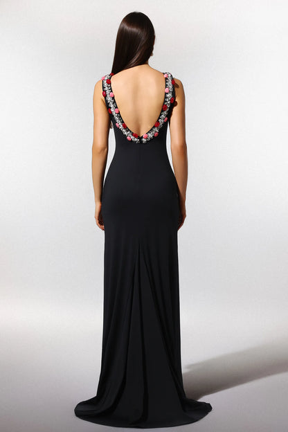 Glamorous Black Halter with Crystal and Floral Embellished Neckline, Open Back and Train Mermaid Evening Dress