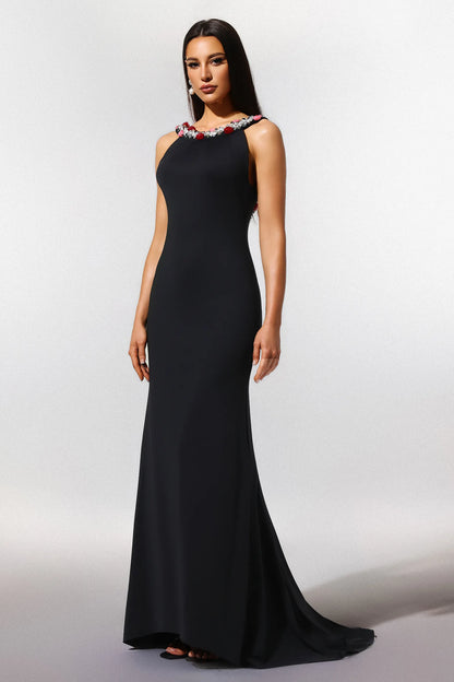 Glamorous Black Halter with Crystal and Floral Embellished Neckline, Open Back and Train Mermaid Evening Dress