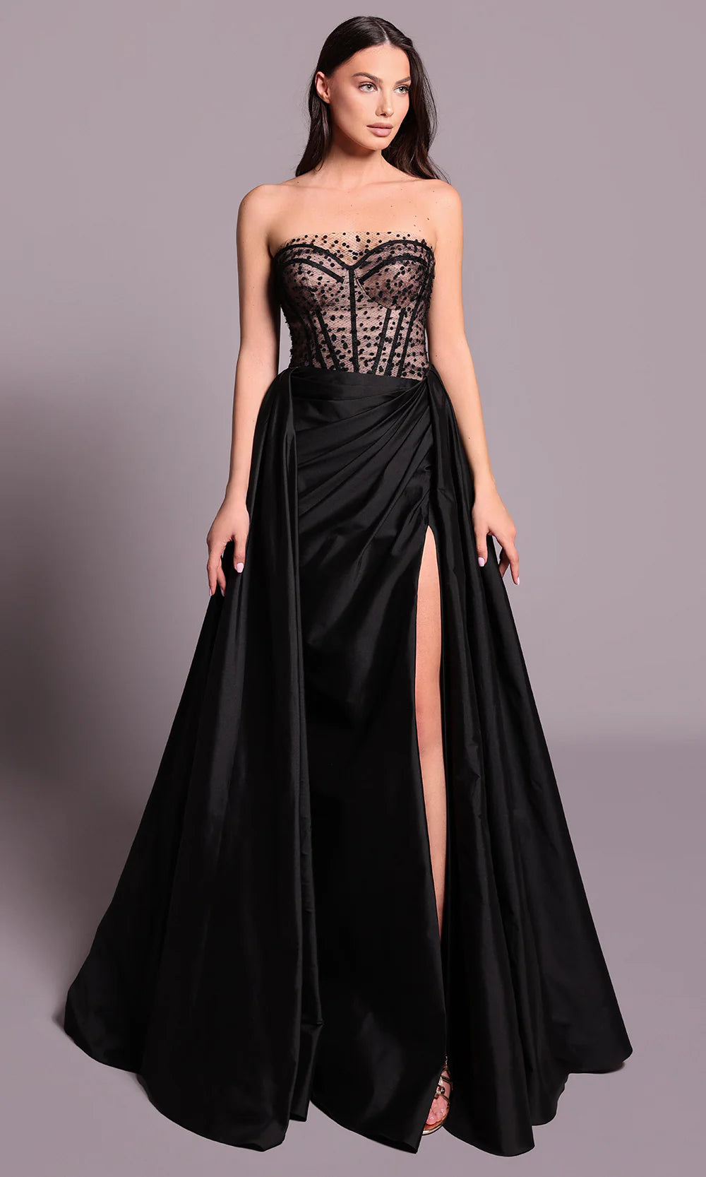 Glamorous Black Satin Strapless Lace Bodice High Slit Ballgown Evening Dress
