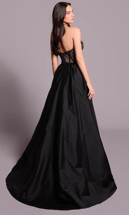Glamorous Black Satin Strapless Lace Bodice High Slit Ballgown Evening Dress
