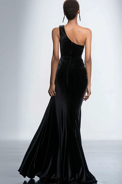 Glamorous Black Velvet One-Shoulder Gold Sequin Accent High Slit Mermaid Evening Dress