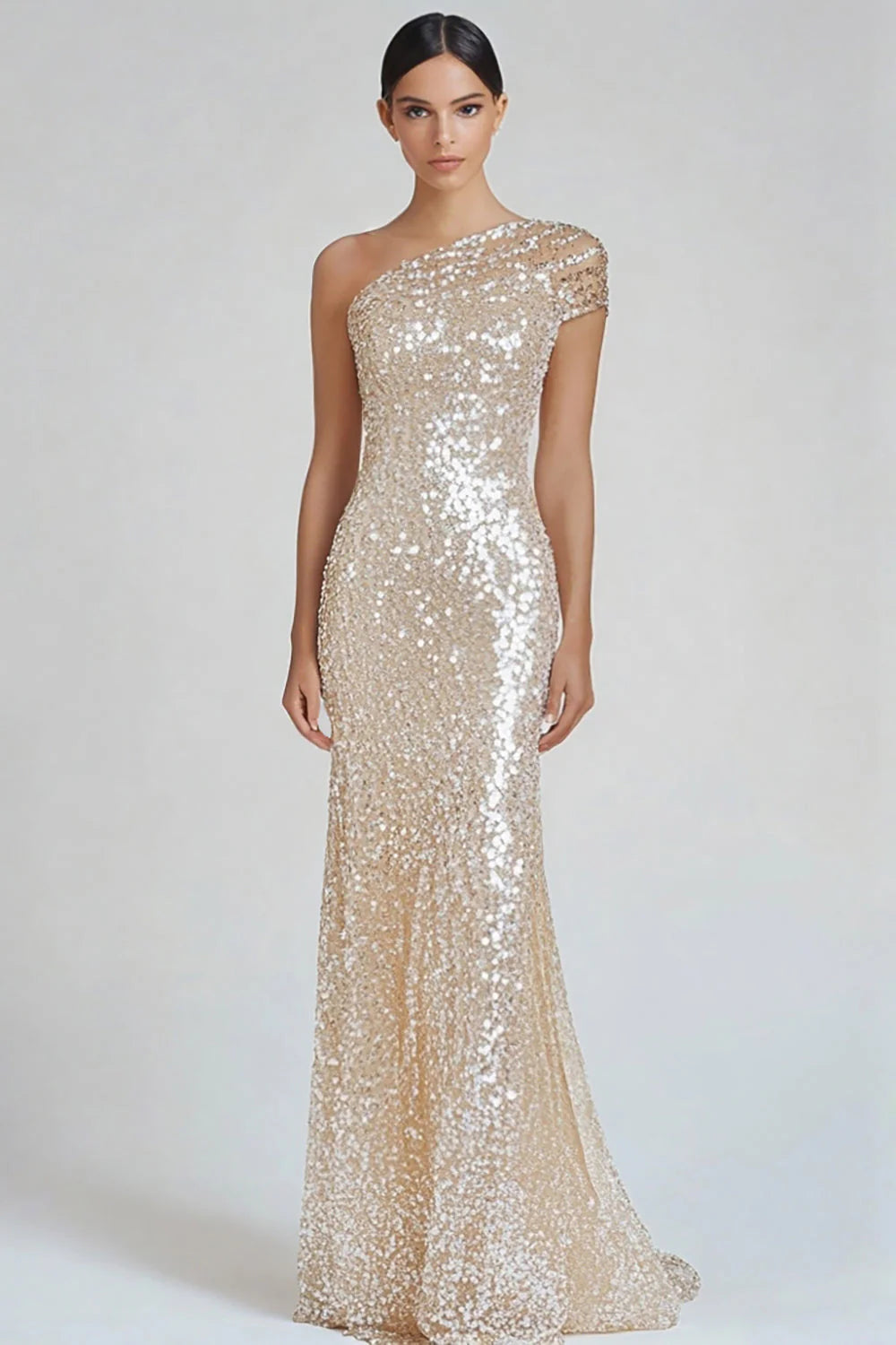Glamorous Champagne Sequin One-Shoulder Mermaid Train Evening Dress