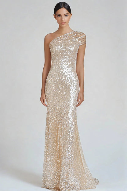 Glamorous Champagne Sequin One-Shoulder Mermaid Train Evening Dress
