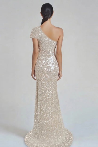 Glamorous Champagne Sequin One-Shoulder Mermaid Train Evening Dress