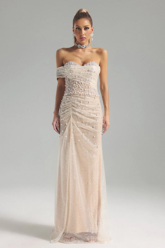 Glamorous Champagne Strapless with Pearl & Crystal Embellished Bodice and Sparkle Tulle Mermaid Evening Dress