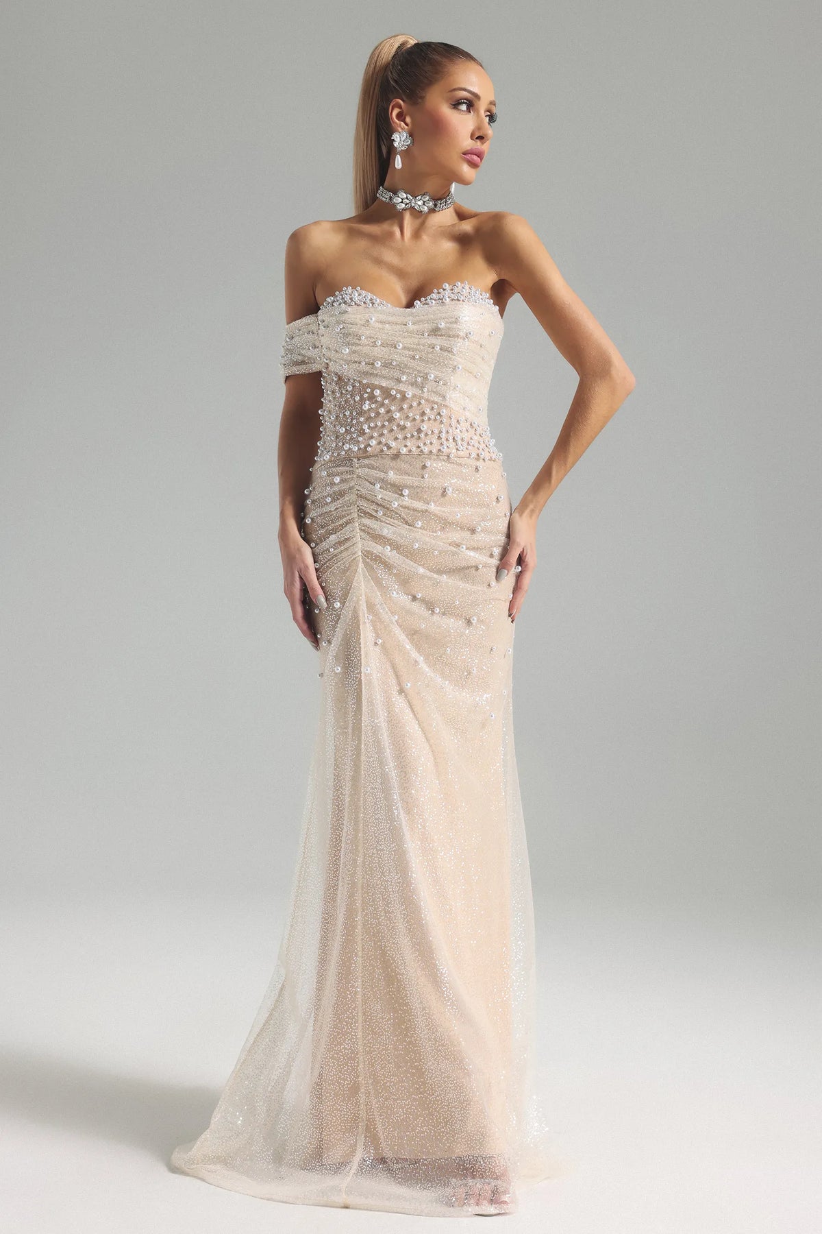 Glamorous Champagne Strapless with Pearl & Crystal Embellished Bodice and Sparkle Tulle Mermaid Evening Dress