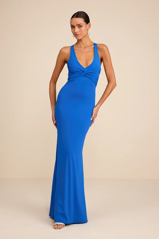 Glamorous Cobalt Blue Halter Twist-Front Mermaid Bridesmaid Dress