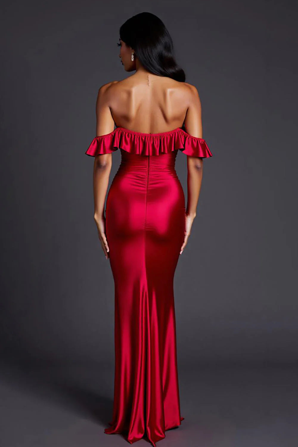 Glamorous Crimson Satin Off-Shoulder Ruffle Trim High Slit Mermaid Evening Dress