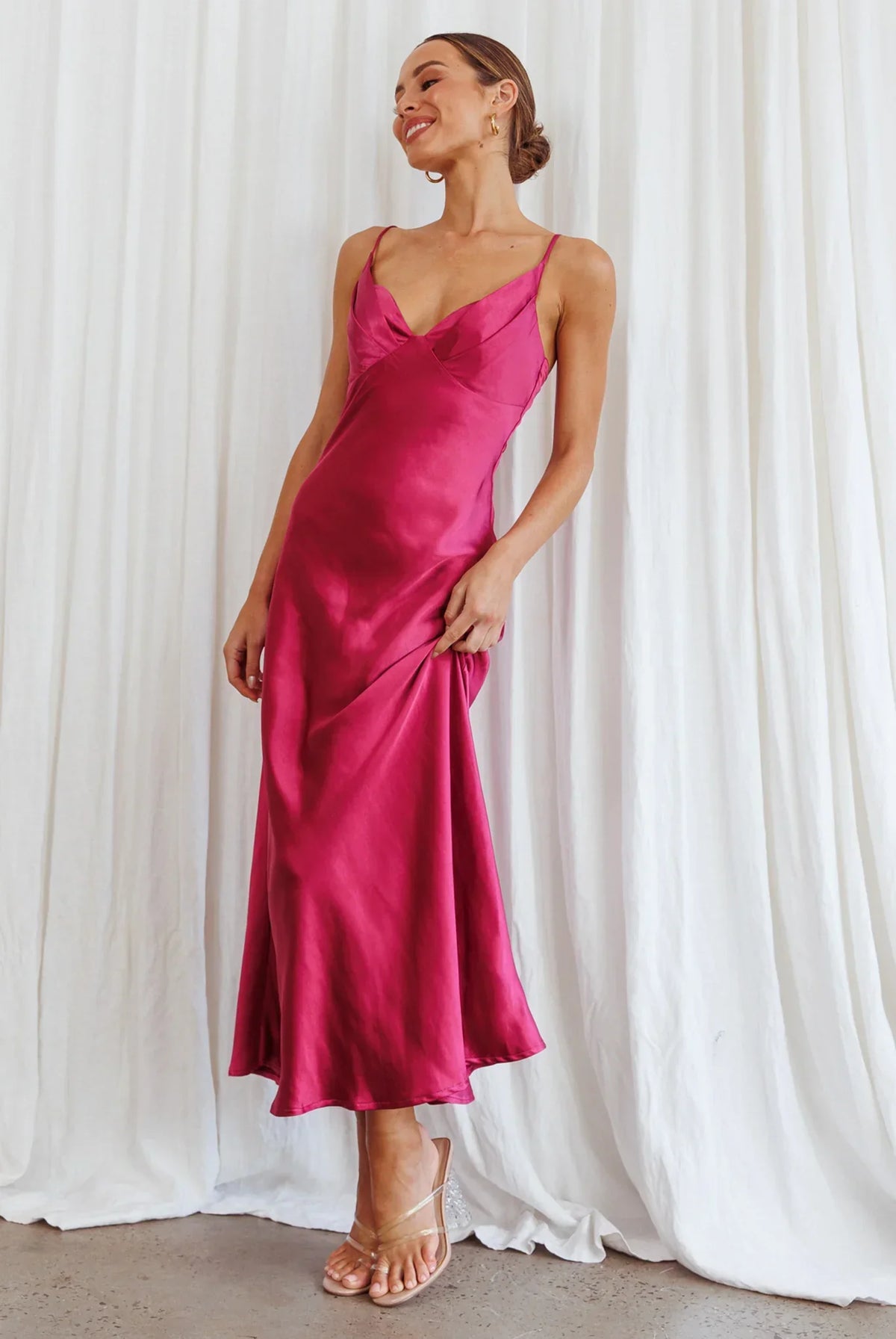 Glamorous Fitted Cowl Neck Spaghetti Strap Satin Midi Evening Dress