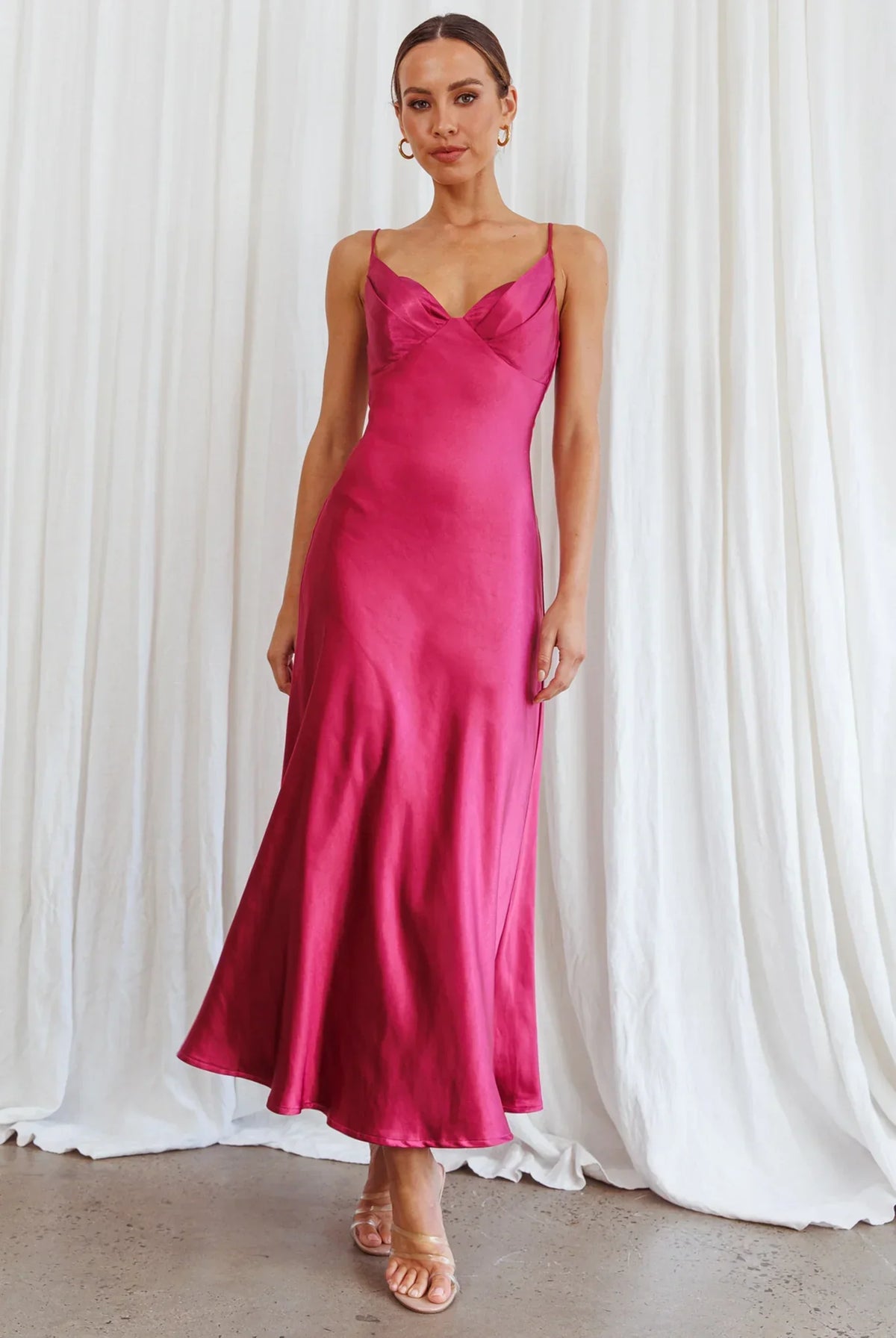 Glamorous Fitted Cowl Neck Spaghetti Strap Satin Midi Evening Dress