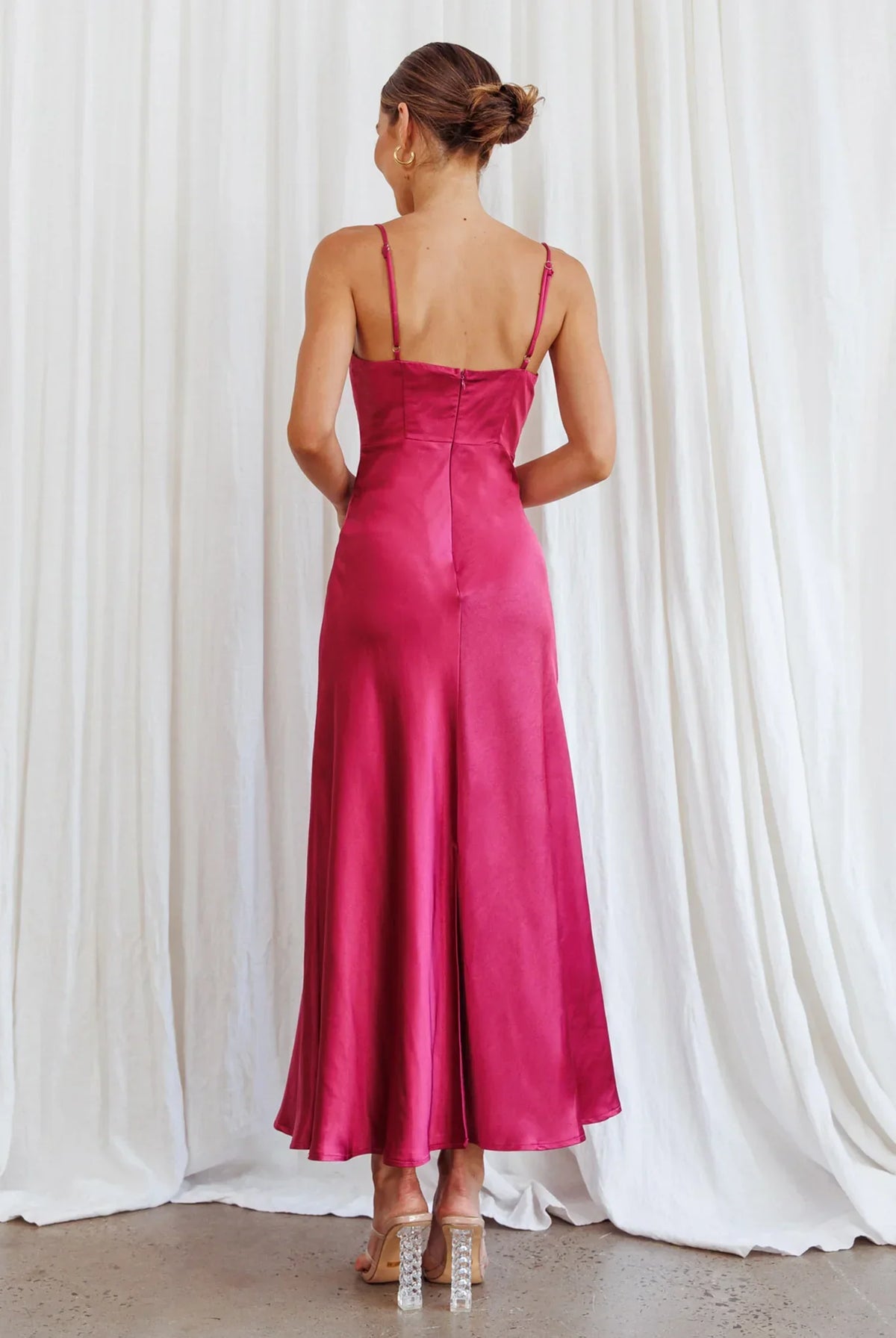 Glamorous Fitted Cowl Neck Spaghetti Strap Satin Midi Evening Dress