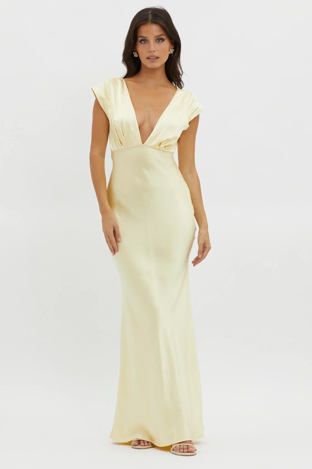 Glamorous Fitted Deep V-Neck Cap Sleeve Satin Maxi Evening Dress