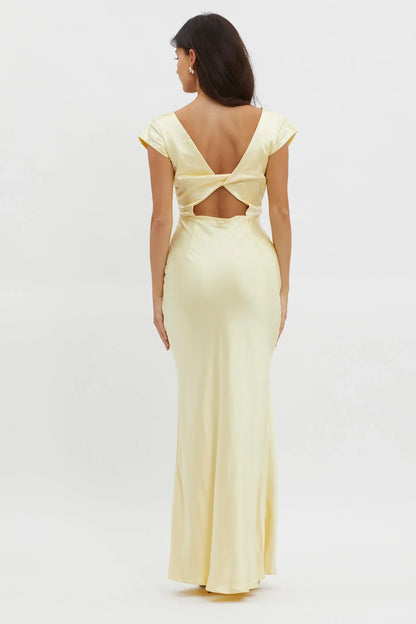 Glamorous Fitted Deep V-Neck Cap Sleeve Satin Maxi Evening Dress