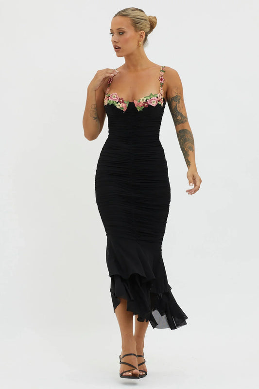 Glamorous Fitted Sweetheart Neck Floral Embroidered Ruched Ruffle Hem Midi Evening Dress