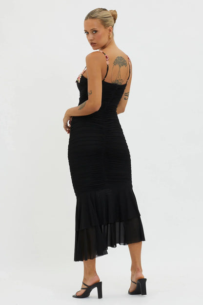 Glamorous Fitted Sweetheart Neck Floral Embroidered Ruched Ruffle Hem Midi Evening Dress
