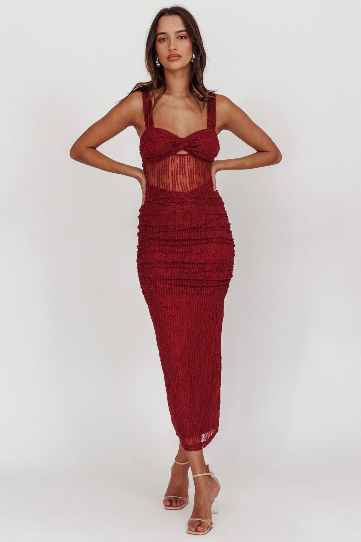 Glamorous Fitted Sweetheart Neck Wide Strap Sheer Mesh Ruched Maxi Evening Dress