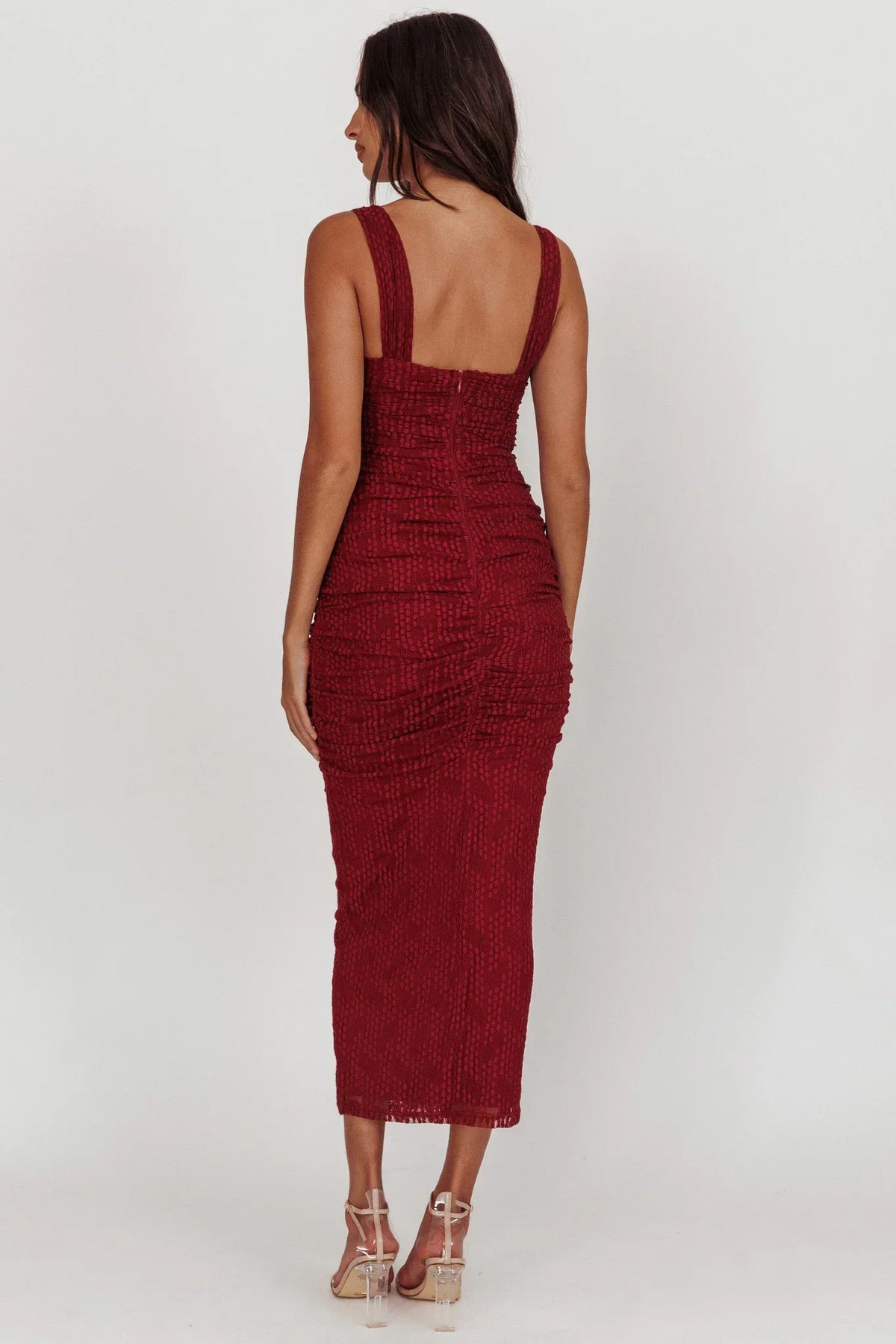 Glamorous Fitted Sweetheart Neck Wide Strap Sheer Mesh Ruched Maxi Evening Dress