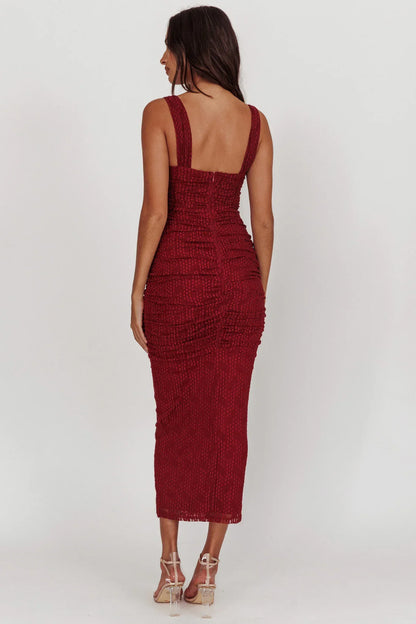 Glamorous Fitted Sweetheart Neck Wide Strap Sheer Mesh Ruched Maxi Evening Dress