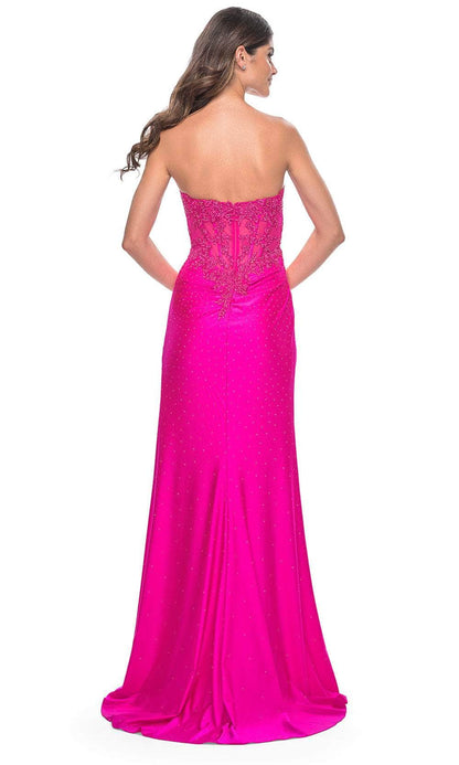 Glamorous Fuchsia Beaded Strapless with Lace Illusion Bodice and High Slit Evening Dress