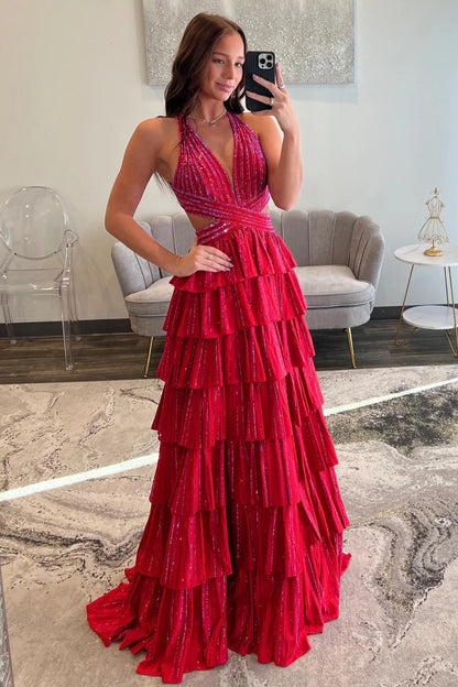 Glamorous Halter Neck Beaded Tiered Ruffled Maxi Prom Dress with Cutout and Open Back